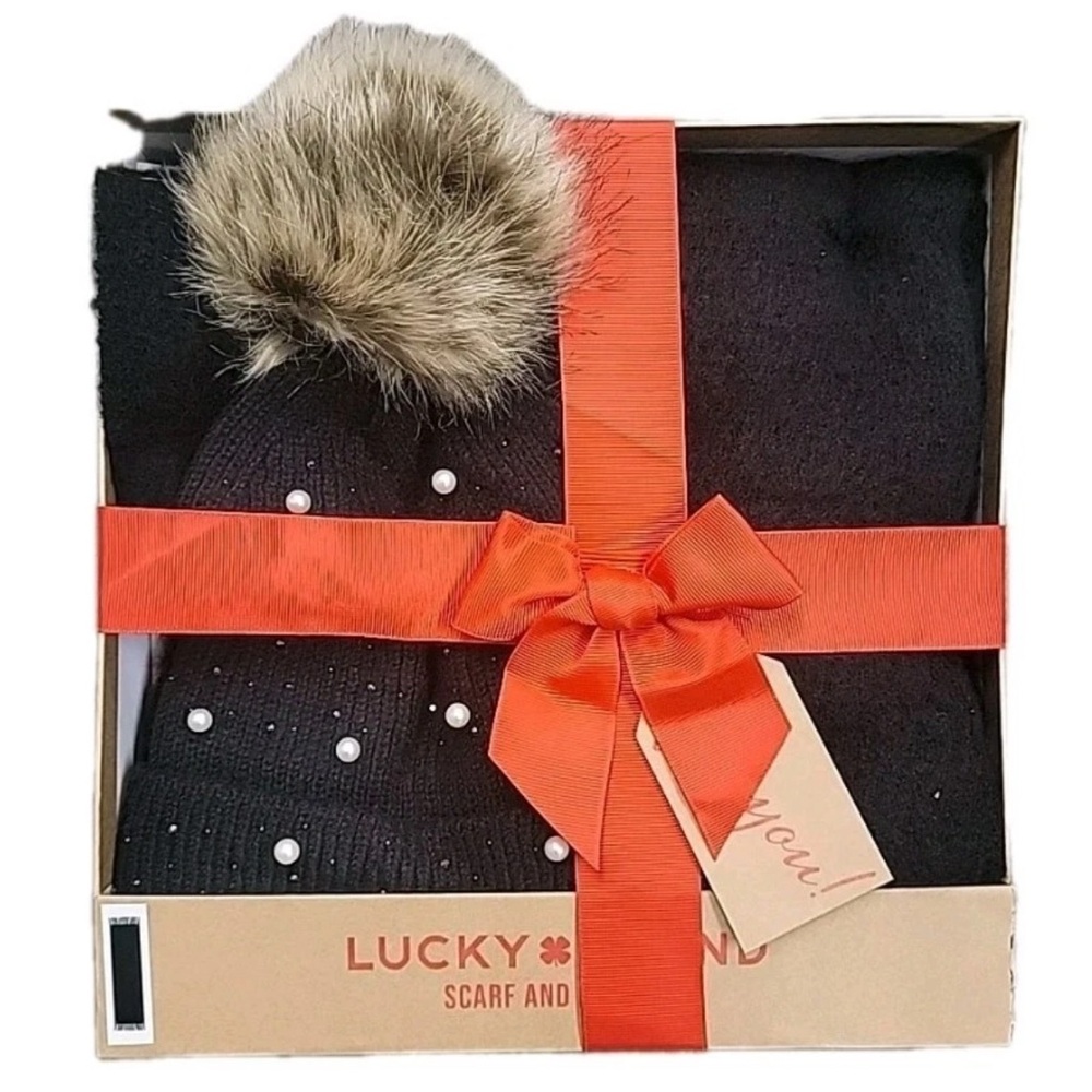 Lucky Brand Women's 2 Piece Hat and Scarf Set Black and Pearl